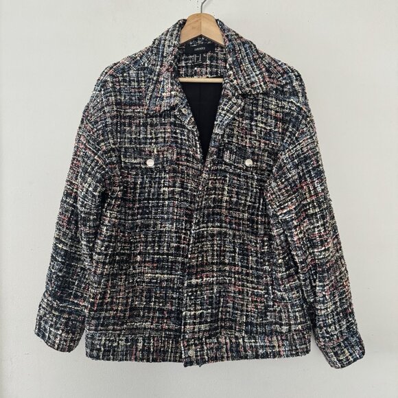 Forever 21 Dixie Tweed Snap Button Bomber Jacket Multicolor Utility Overcoat - Picture 2 of 8